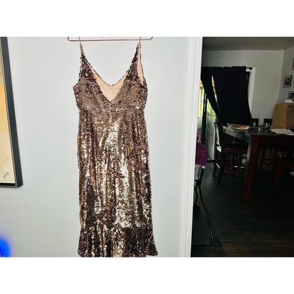 SALONI Aidan Bronze Copper Sequin Mesh Sleeveless V-Neck Sheath Dress Size US 6 - Picture 5 of 16